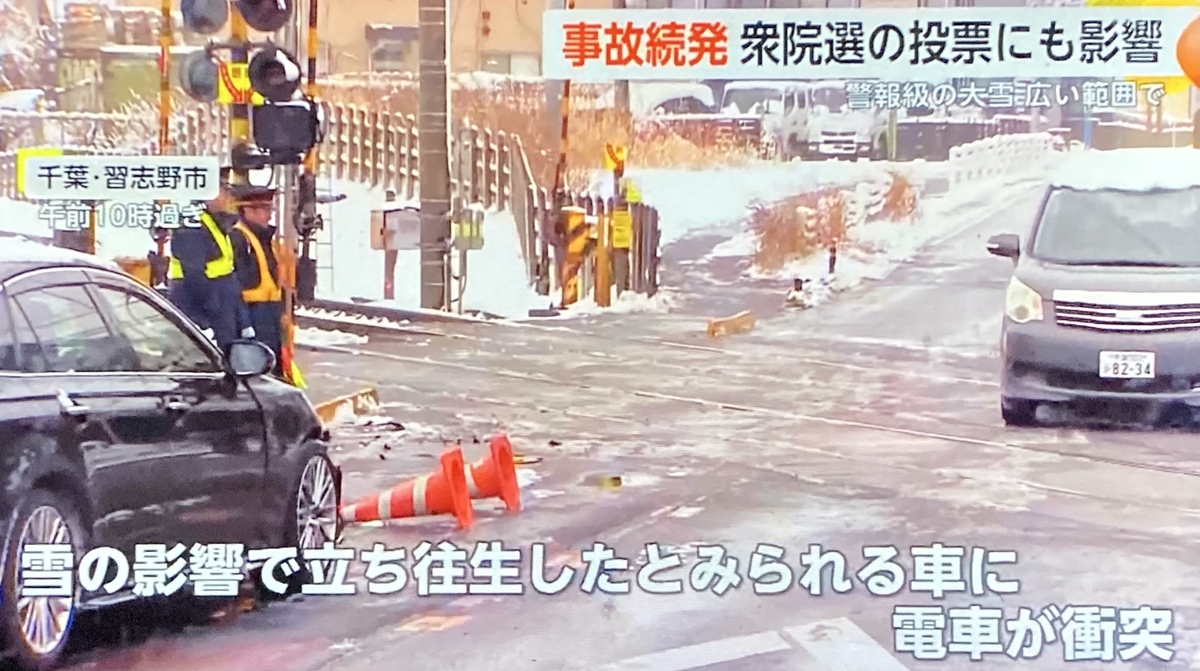 雪に因る事故①東京で観光バス等 ②栃木で普通乗用車と軽 ③千葉で立往生した普通乗用車と列車 - shiburoumurasakiの日記
