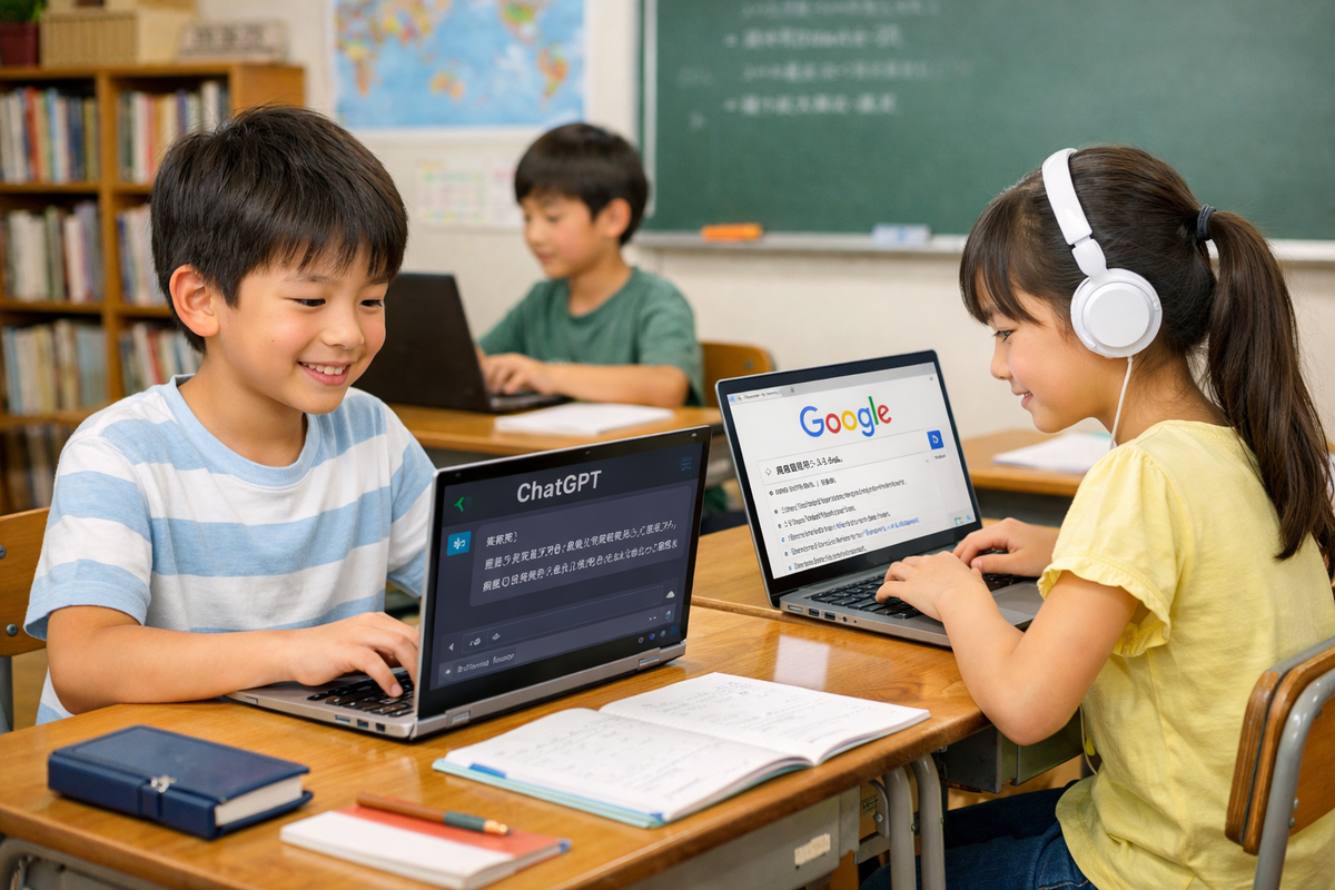 小学生がパソコンを使う様子