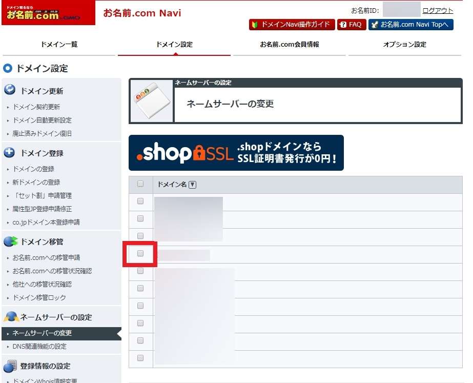 「お名前.com Navi」の「ネームサーバー変更」内でのドメイン選択画面の画像