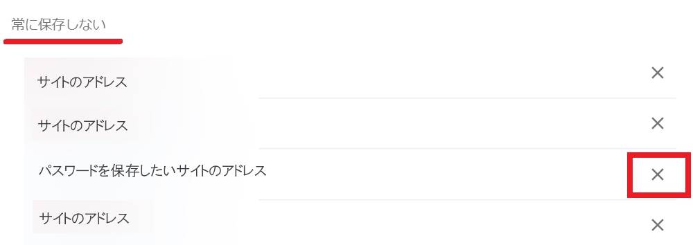 Google Chrome でサイトのパスワードを「常に保存しない」とされているものの一覧画像