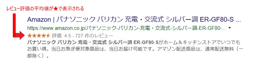 Googleでレビューのリッチスニペットが表示されている例の画像