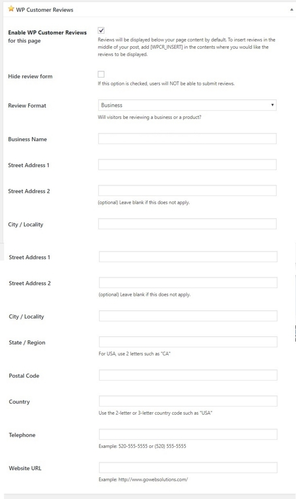 ONにすると現れるWP Customer Reviews設定画面の画像
