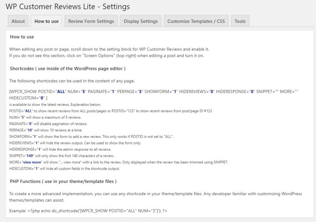 WP Customer ReviewsのHow to useタブの画像