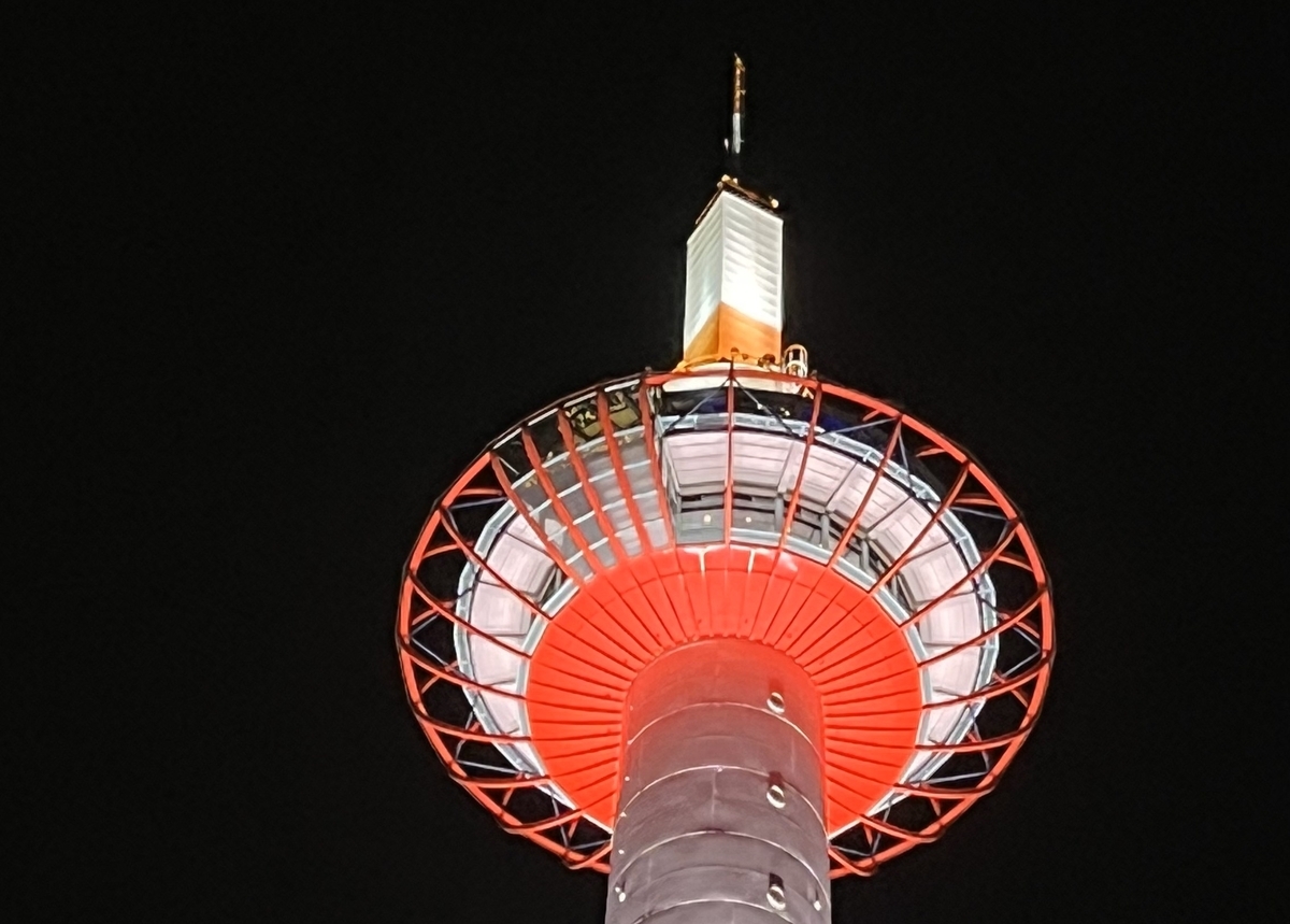 白く輝く京都タワーと赤い展望台のライト