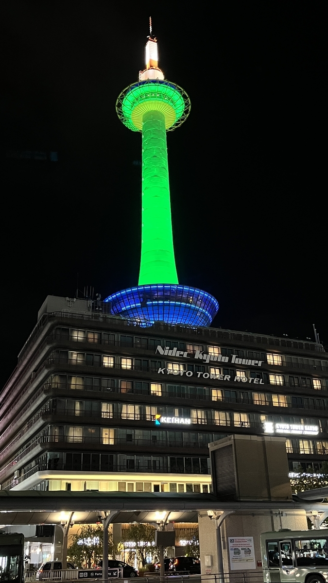 オレンジ色に光る京都タワーの夜景