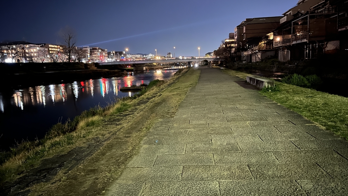 夜の鴨川沿いの遊歩道と川の流れ、遠くに街の灯りが続く風景