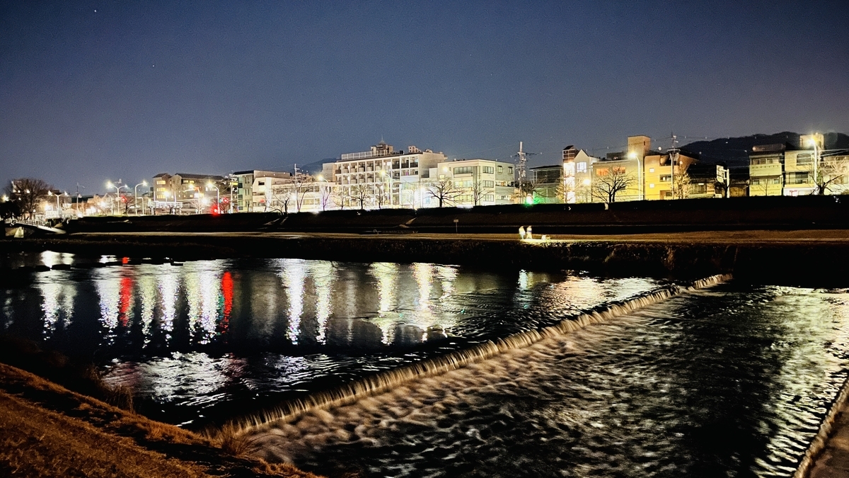 夜の鴨川の水の流れ