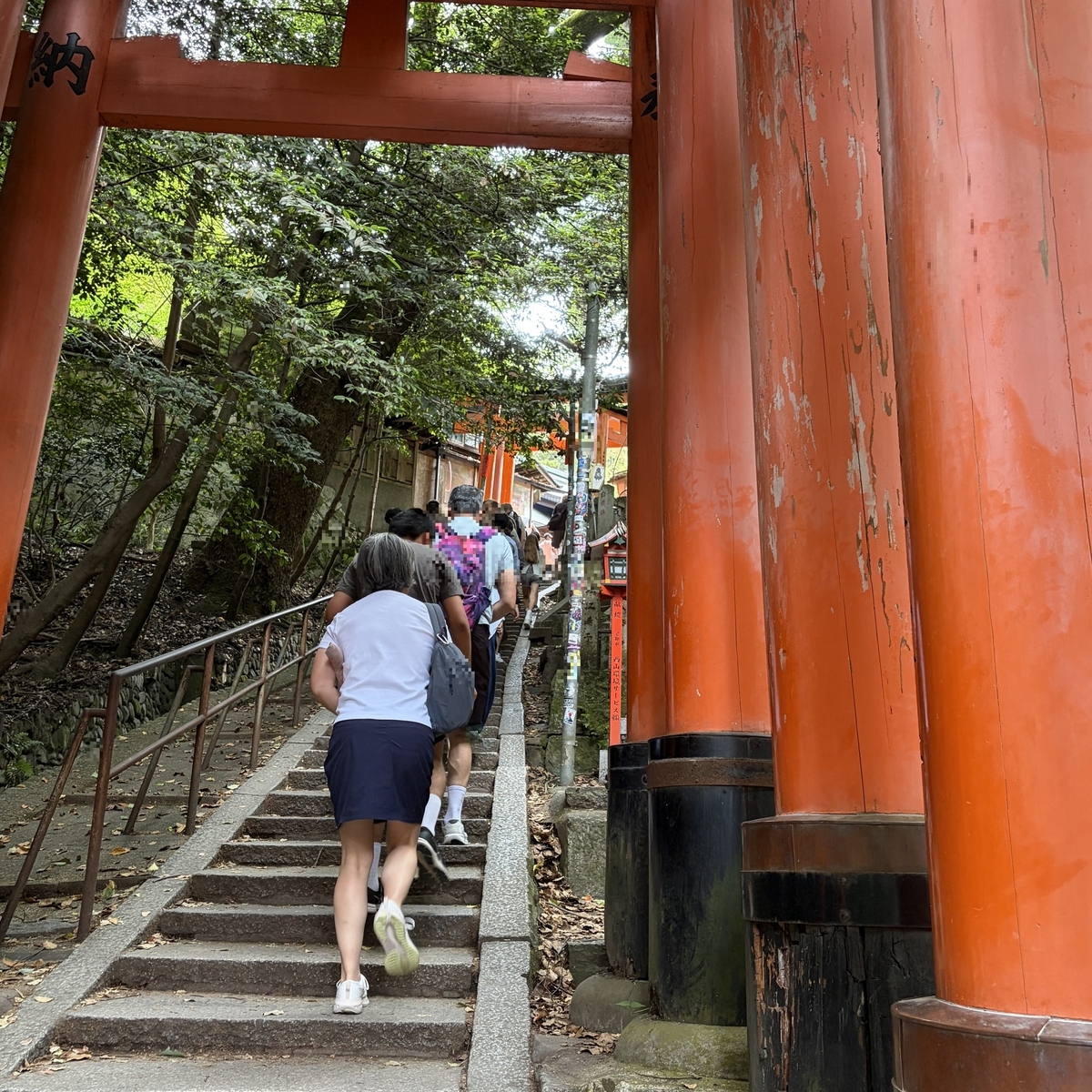 伏見稲荷大社の上り道の鳥居と観光客