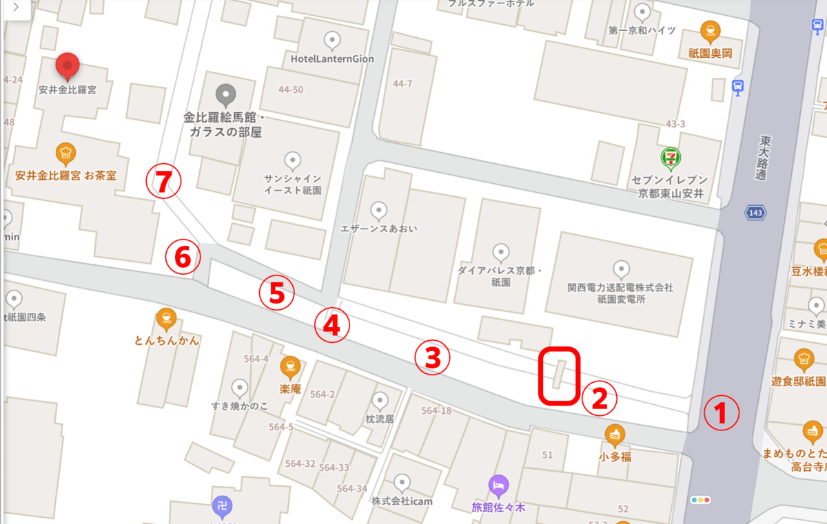 安井金比羅宮周辺の地図(Yahooマップより)