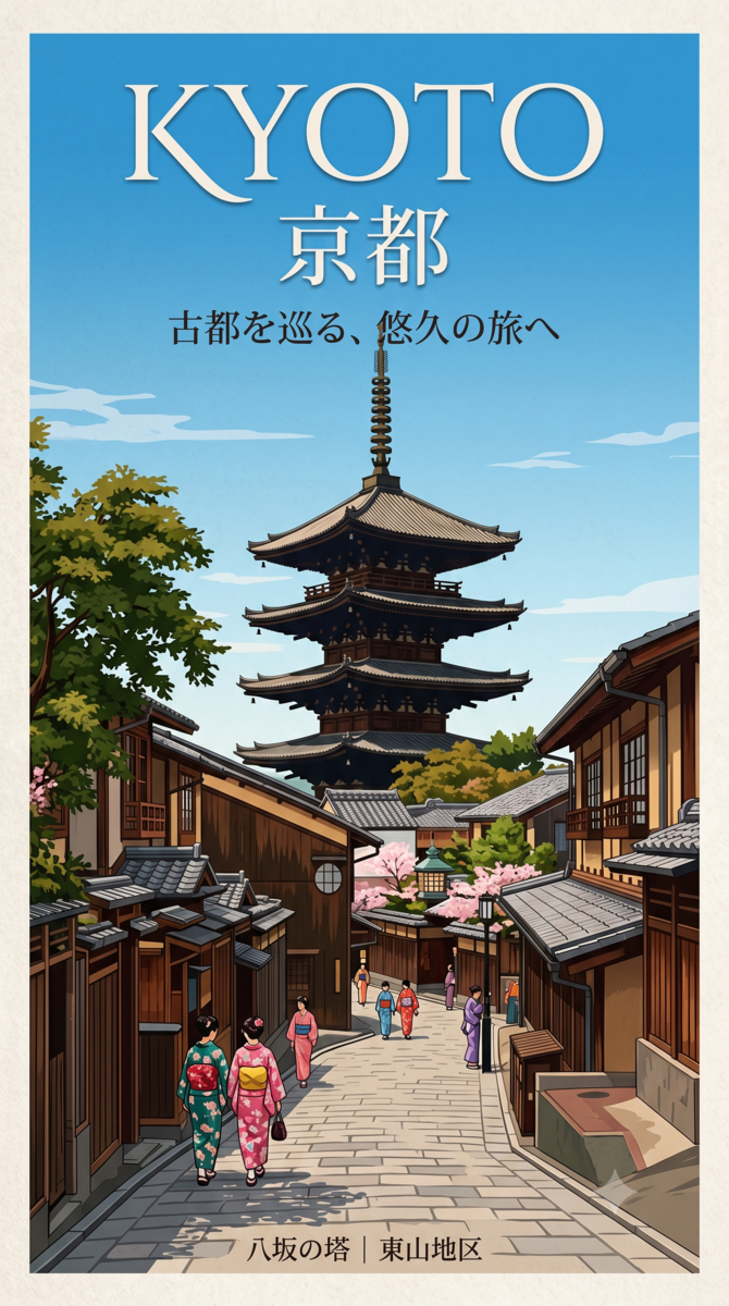 AIが生成した八坂の塔が写る京都観光地ポスター風の画像
