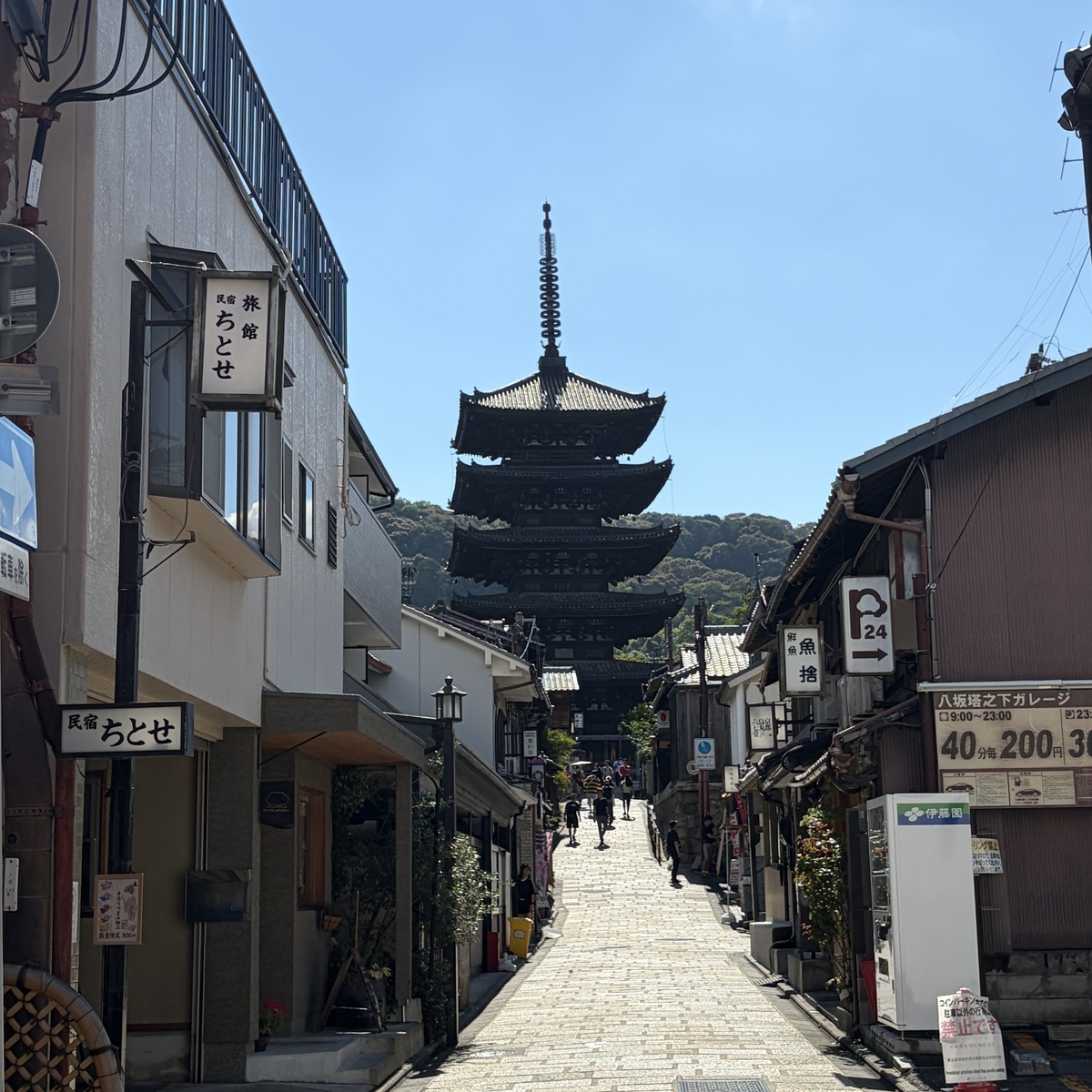 坂の下から撮影した八坂の塔と周囲の看板が写る写真