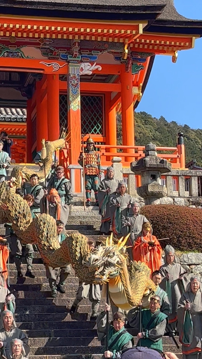 頭部を大きく振りながら石段を下る青龍と、担ぎ手たちの行列