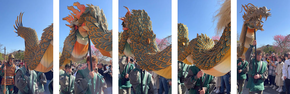 担ぎ手が青龍の胴体をしなやかに操る様子を連続コマで写した5枚組の写真
