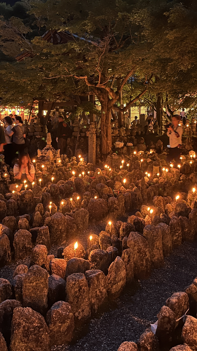 参道沿いに並ぶ無数のろうそくと参拝客、奥に本堂