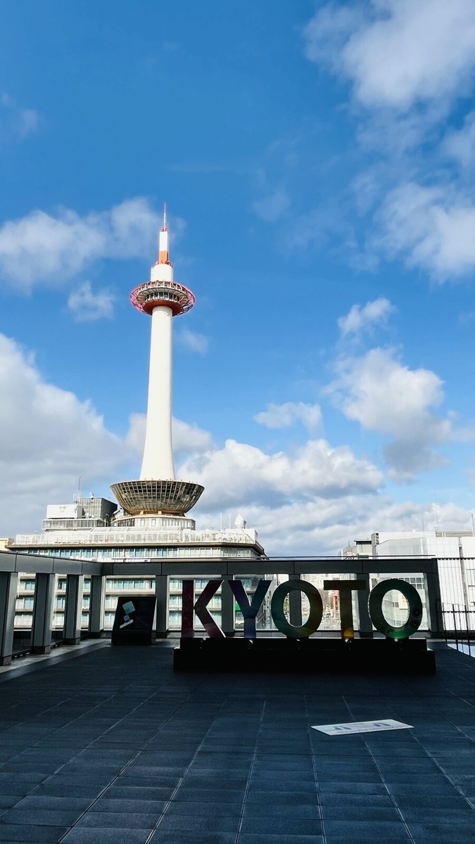 青空の下の「KYOTO」文字モニュメントと京都タワー