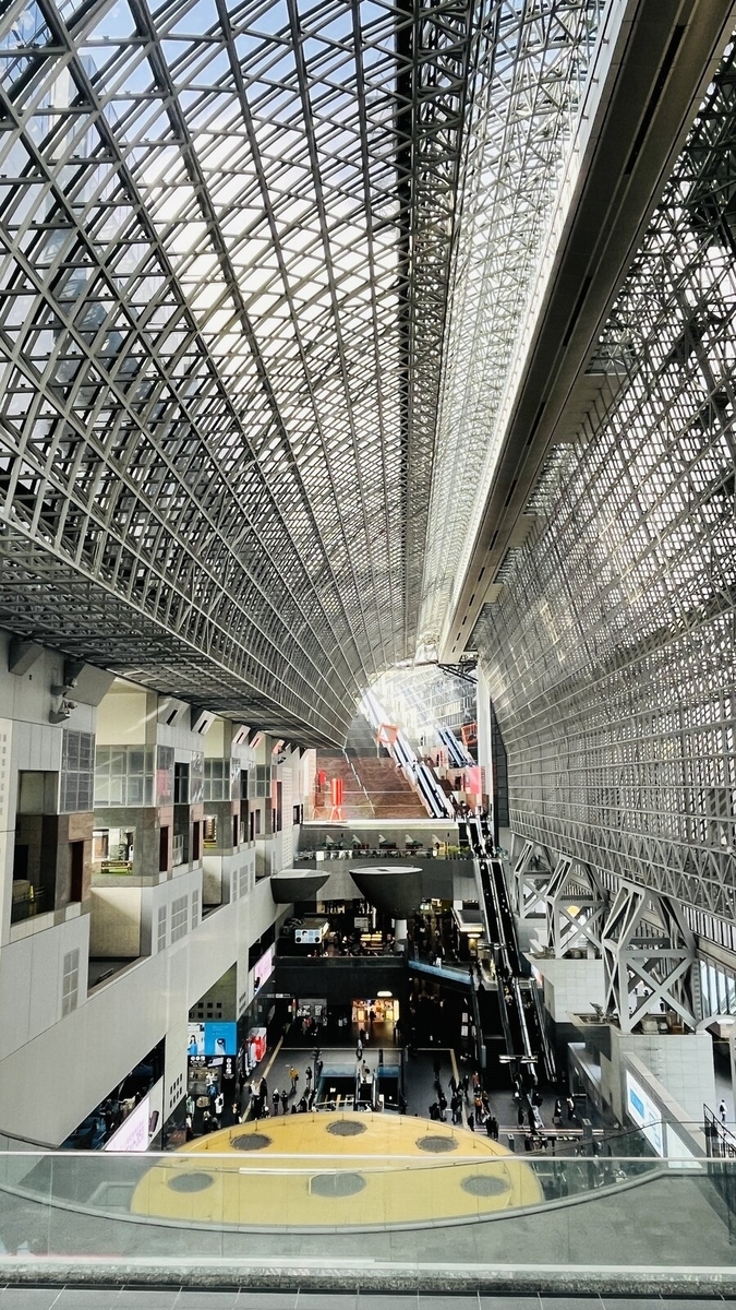 4階から見た京都駅の巨大な吹き抜けとガラス屋根