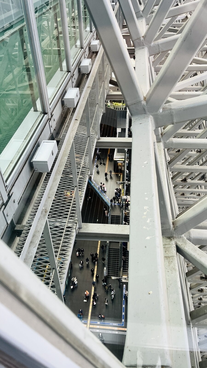 空中径路から見下ろした京都駅の改札前と行き交う人