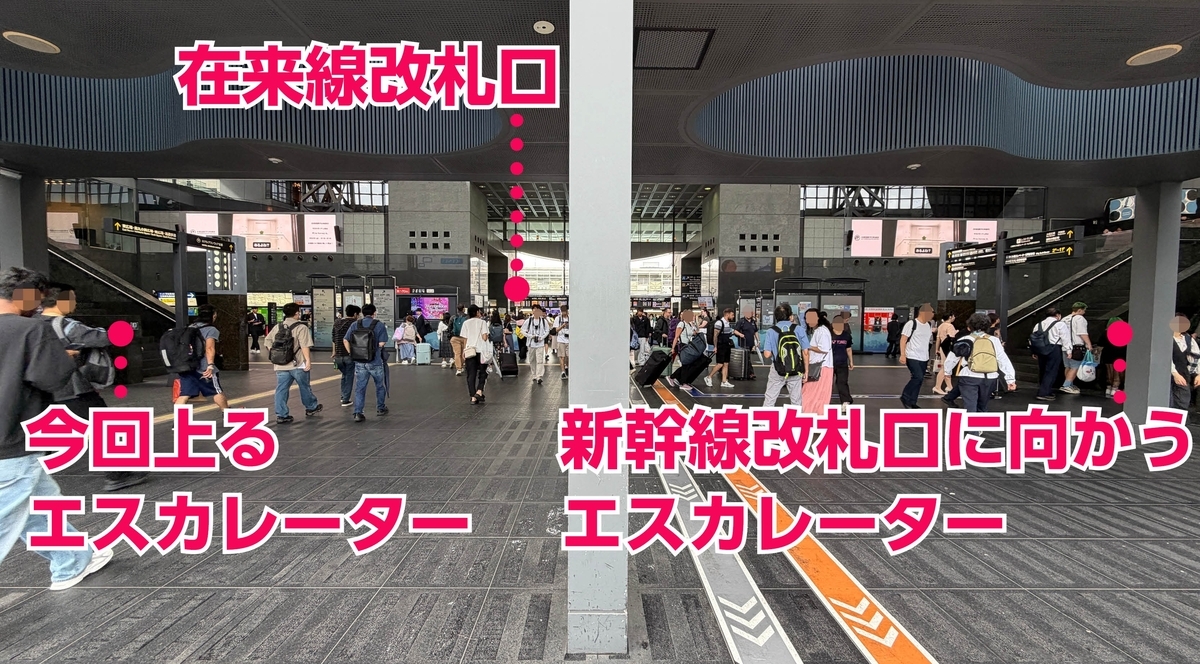 京都駅正面入り口の内側。在来線改札口と左右のエスカレーターの位置を示した案内写真