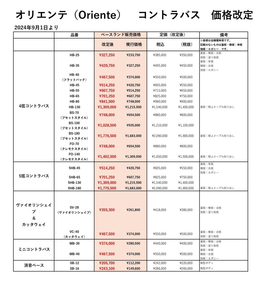 オリエンテコントラバス価格改定のお知らせ（2024年9月1日より