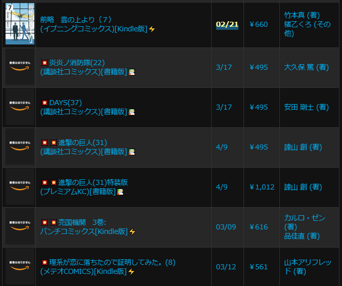 マンガ新刊予約開始情報：炎炎ノ消防隊22書籍版、前略雲の上より7Kindle版など予約スタート：それでも歩は寄せてくる3他2/17(月)新刊＆Kindle・書籍月別発売予定一覧