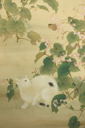 猫と蝶々アンティーク絵画 原画》モルフォ蝶と黒猫《キャンバスsizeF0号》 絵画 マキバドリ