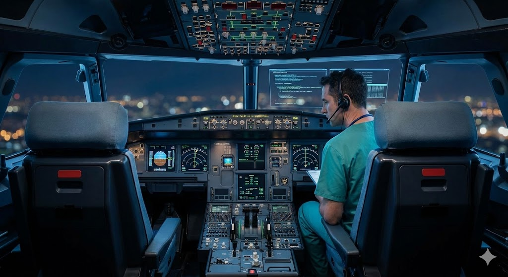 ジェット旅客機のコクピット。右側の操縦席にはグリーンの白衣を着た男性医師がヘッドセットをつけて座っている。の副操縦士席には誰もいない