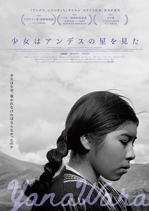 作品ポスター。モノクロで少女が少し俯いて険しい表情をしている横顔。背景にはアンデス山脈の雄大な自然。コピーは「少女はなぜ、裁かれなければならなかったのか」タイトルは薄紫色