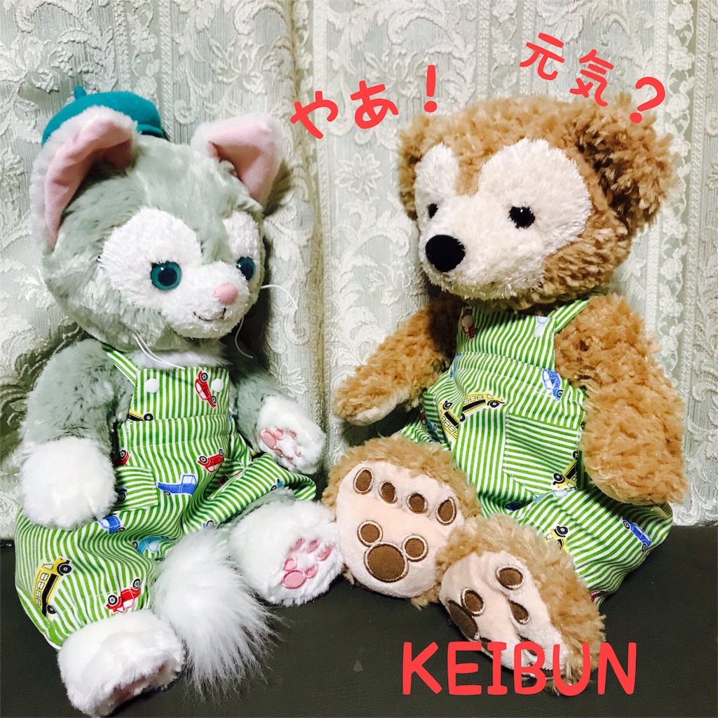 グリーンのロンパース ダッフィーくんと ジェラトーニくん 双子コーデ クマの花だより ぬいぐるみ Sお洋服 コースター ハンドメイド雑貨