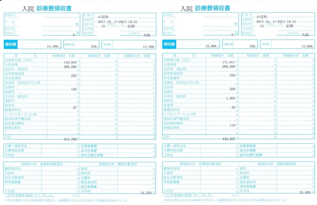 NICU治療費領収書・明細書