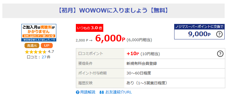 WOWOWオンライン加入でポイント獲得