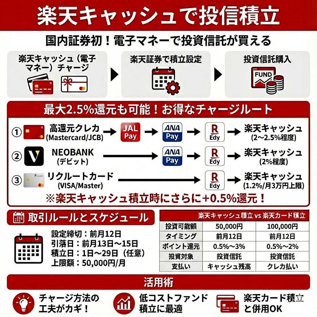 楽天キャッシュ投資 電子マネーで積立投資を攻略 チャージを工夫したポイ活投資でお得に投資 - ポイント投資の攻略ブログ
