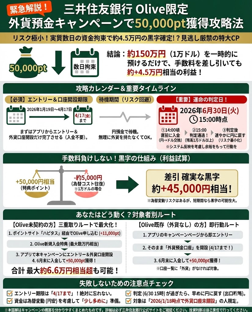 実質1日で5万pt還元!? 三井住友銀行（Olive）外貨預金キャンペーンの裏ワザ攻略と注意点 - ポイント投資の攻略ブログ
