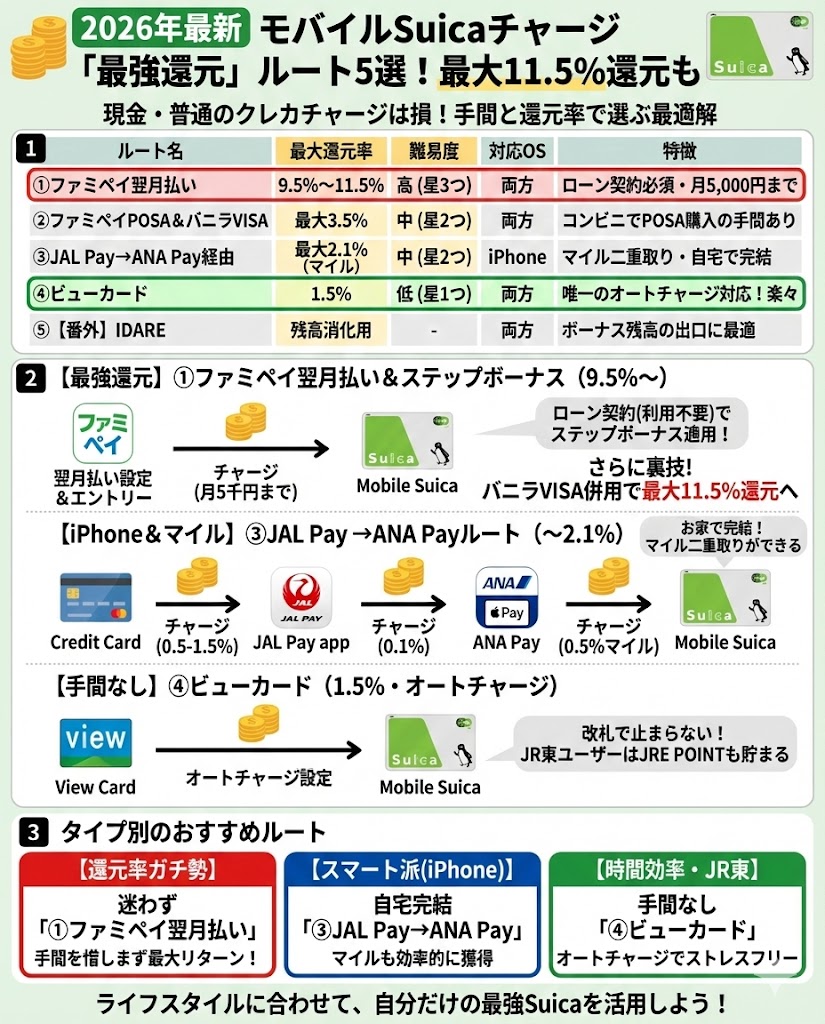 2026年最新】モバイルSuicaチャージ最強ルート！最大11.5%還元の裏技からオートチャージまで徹底解説 - ポイント投資の攻略ブログ