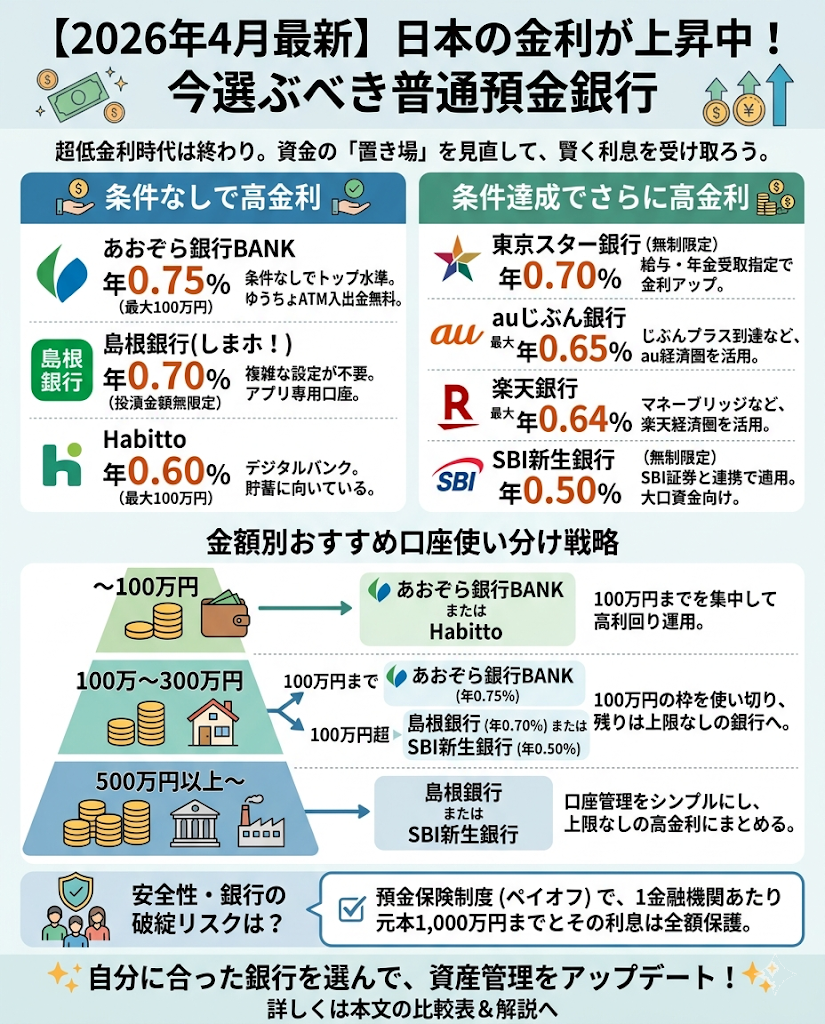 2026年4月最新】普通預金の金利が高い銀行比較｜条件なし・上限別