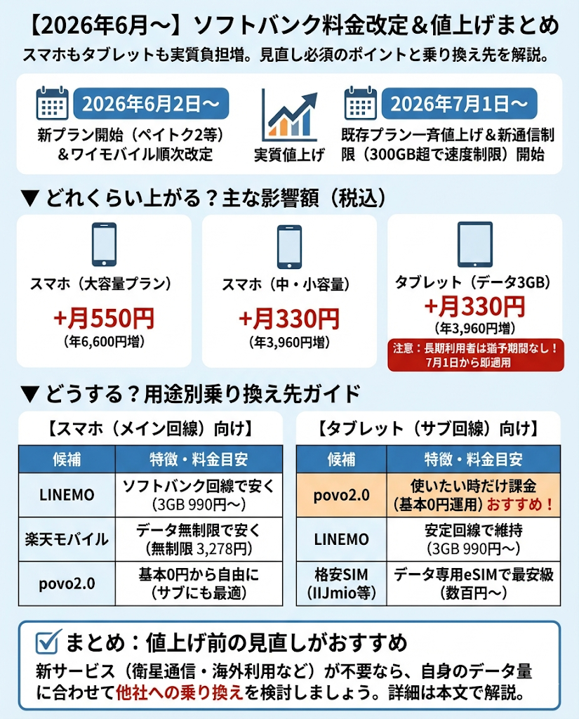 ソフトバンクは2026年7月1日から値上げ。通常回線と3GBプランの影響