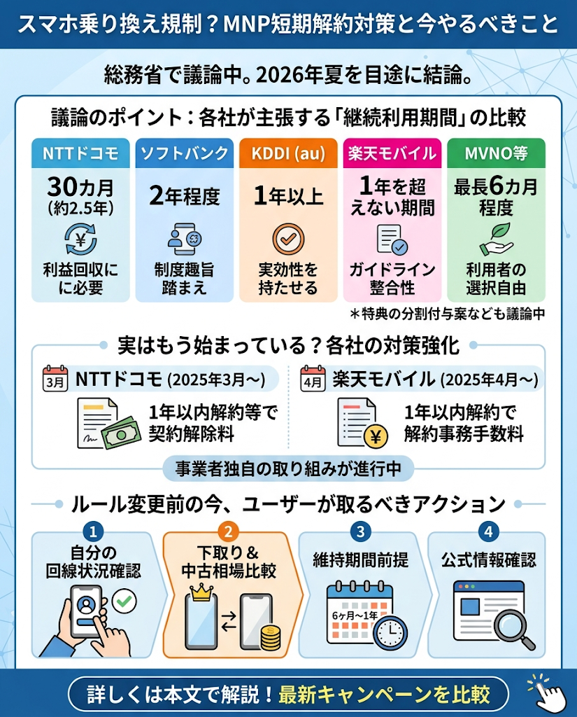 MNPホッピング規制はどうなる？最長1年の特典分割・短期解約料・注意点