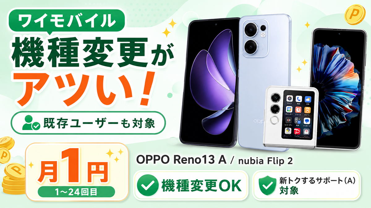 ワイモバイル機種変更でも月1円！OPPO Reno13 A・nubia Flip 2を既存