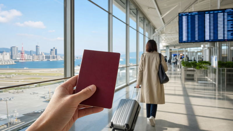福岡空港国際線とパスポートを手に海外旅行へ出発するイメージ