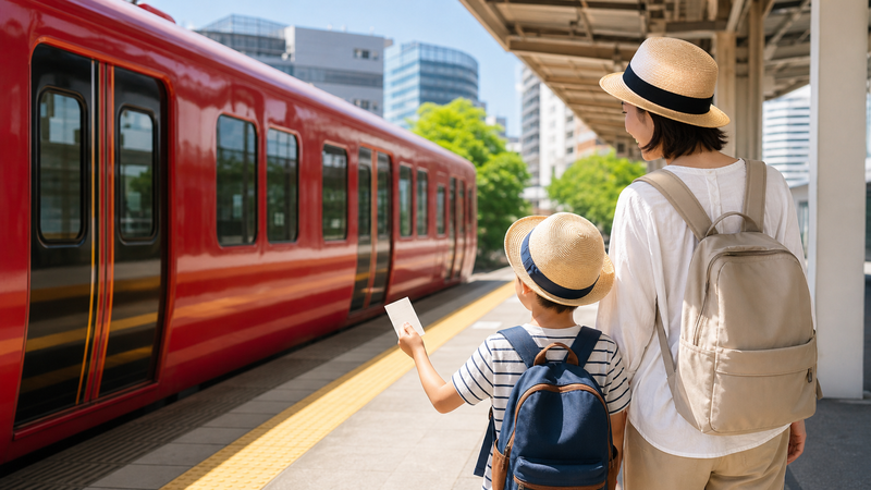 福岡の駅から夏休みの列車旅行へ出発する親子のイメージ