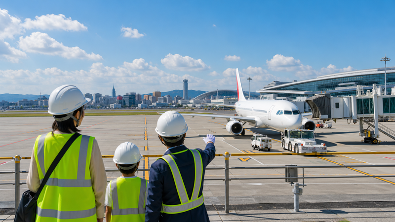 福岡空港の制限区域を安全ベスト姿の親子がスタッフと見学するイメージ