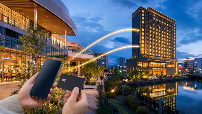 ららぽーと福岡を思わせる商業施設と福岡市内のホテルをスマートフォンとカードがつなぐイメージ