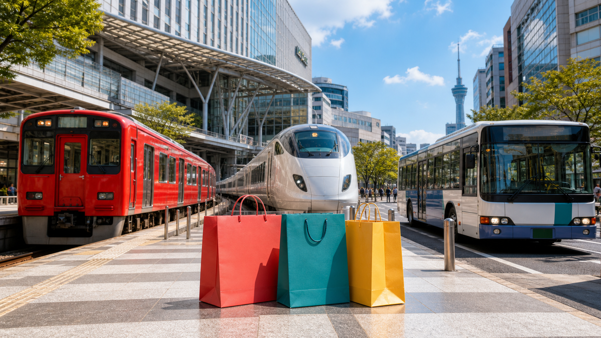 天神と博多を結ぶ電車やバスと買い物袋を組み合わせた福岡の移動イメージ
