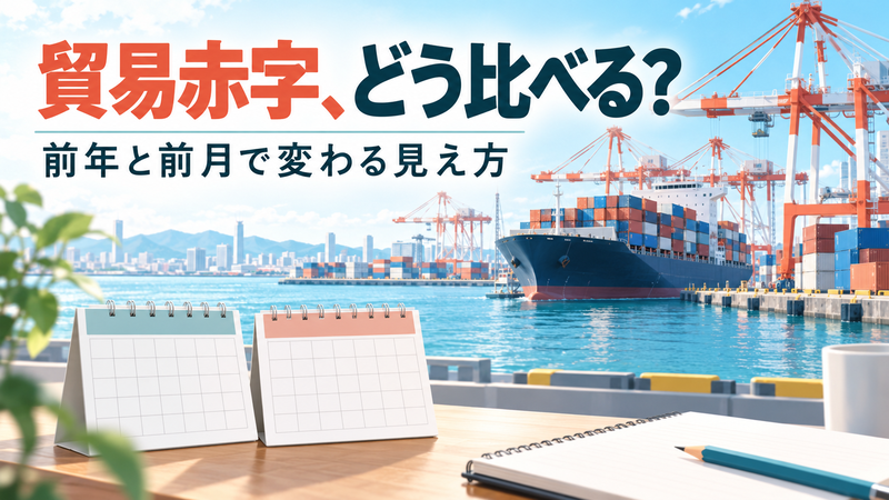 貨物港と二つのカレンダーを描いたAI生成イメージ。実際の港の写真や統計資料の図ではありません
