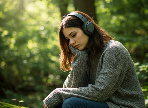うつっぽい女性が音楽に癒やされる