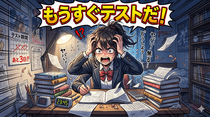 「もうすぐテストだ!」と焦っている女子学生