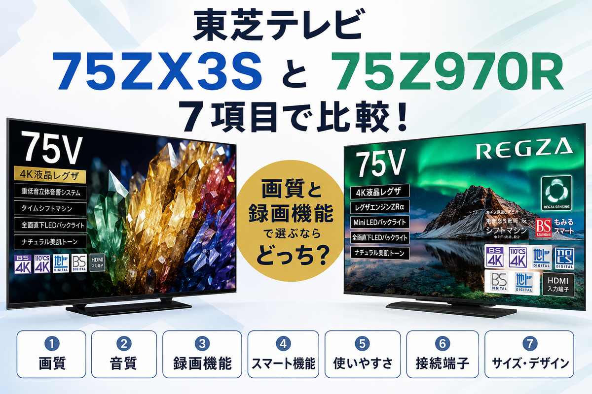 東芝テレビ75ZX3Sと75Z970Rを7項目で比較！画質と録画機能で選ぶなら