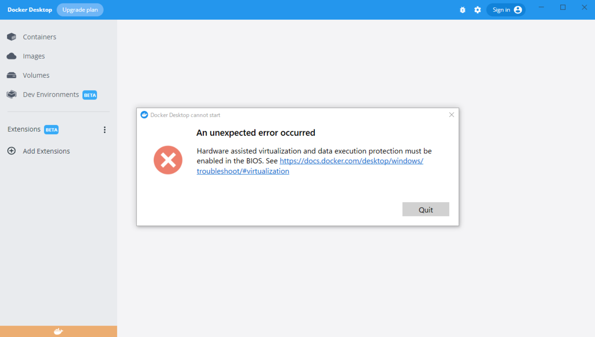 Docker for Windows導入中にHardware assisted visualizationが云々と怒られたら Bye Bye Moore