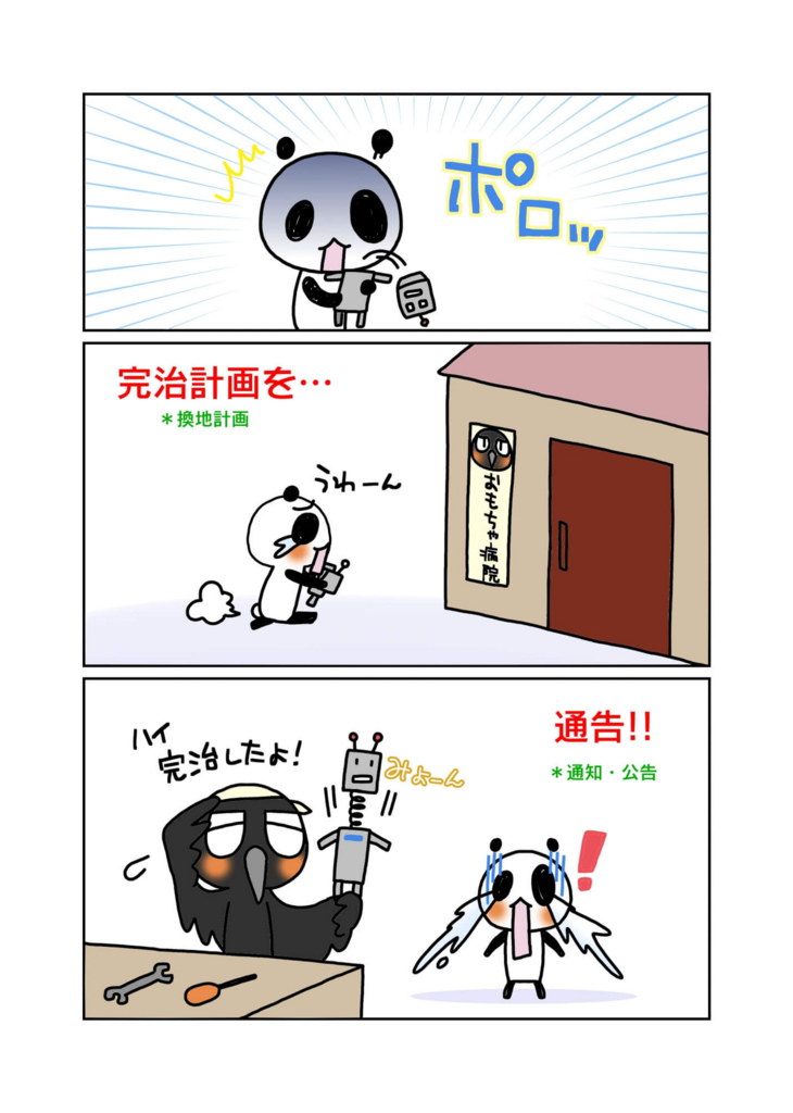 換地処分を行う手順の覚え方。 『完治計画を通告。』で覚えよう！ - マンガと語呂で宅建士試験がわかーる。