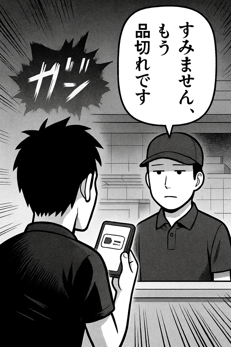 店員から全品品切れ宣告を受ける配達員のイラスト
