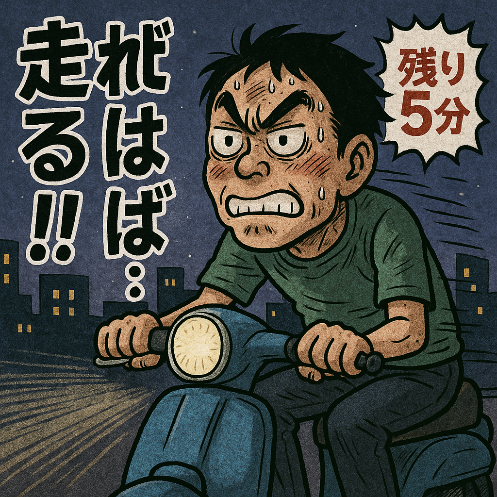 無音の夜の街を自転車で疾走する配達員のイラスト